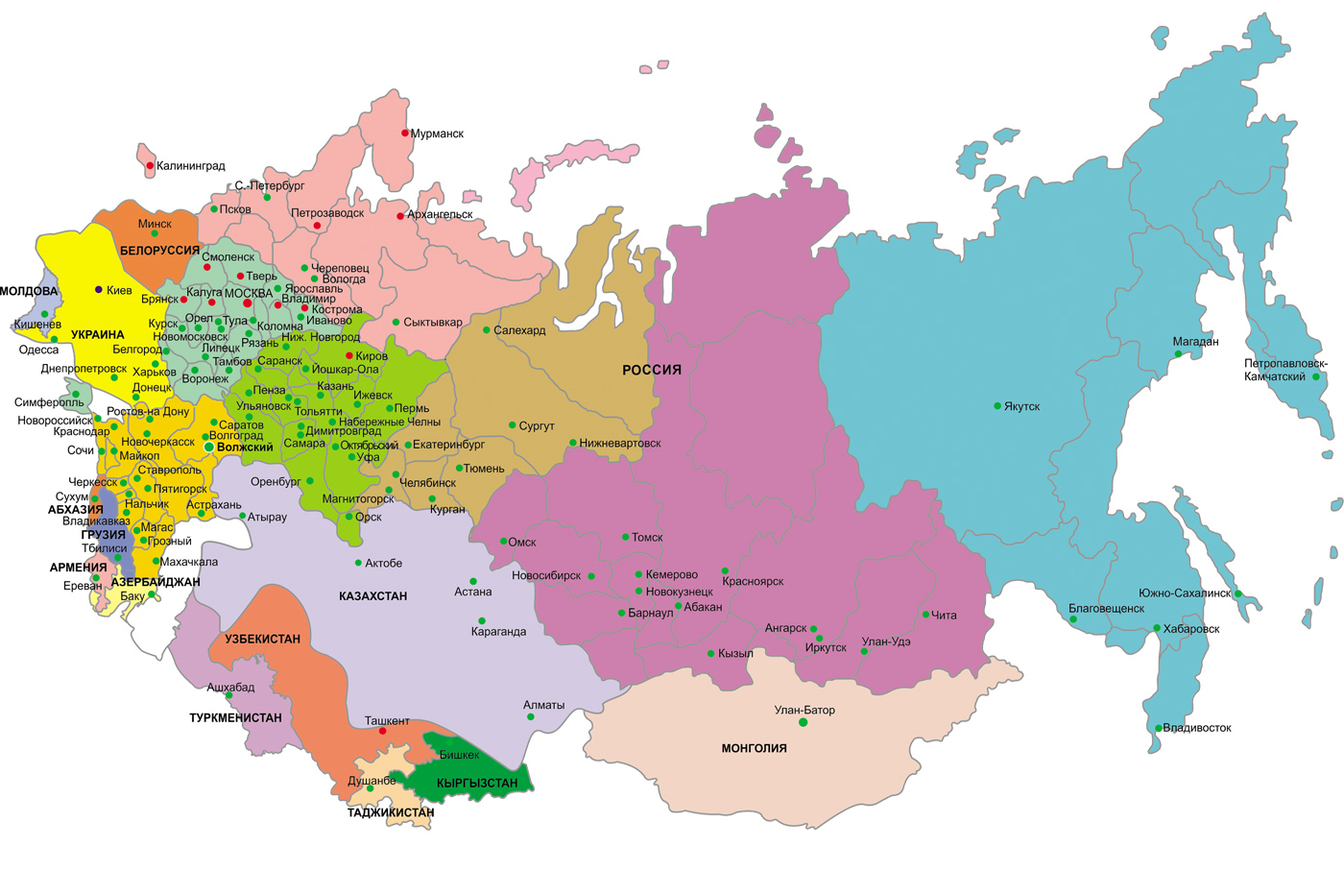 Карта стран снг и россии с городами на русском